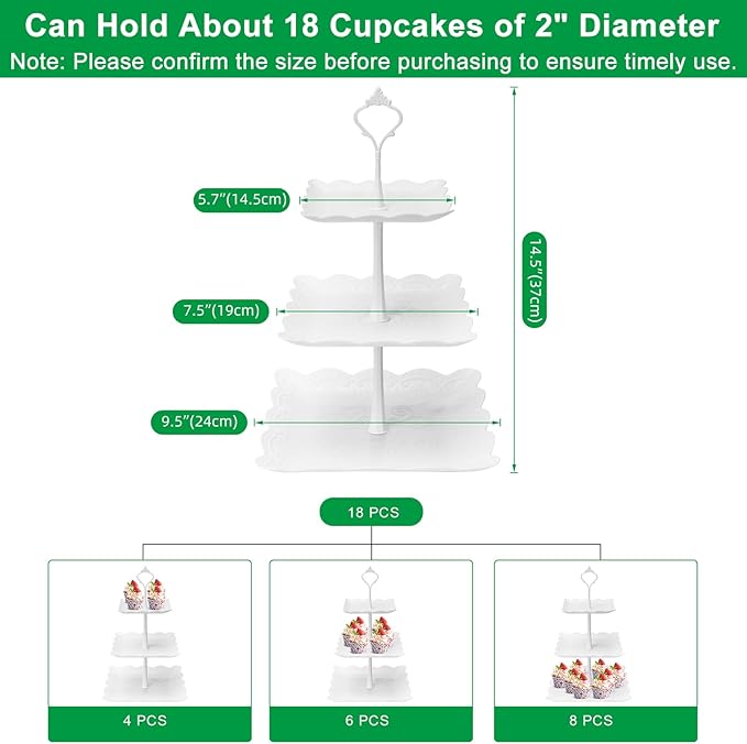 Coitak 3 Tier Cupcake Stand, Plastic Tiered Serving Stand, Square Dessert Tray for Tea Party, Birthday and Wedding (Pure White)