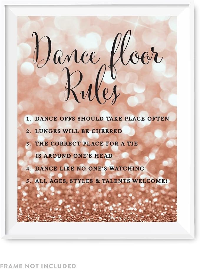 Andaz Press Wedding Party Signs, Glitzy Rose Gold Glitter, 8.5x11-inch, Dance Floor Rules, 1-Pack, Bokeh Colored Party Supplies