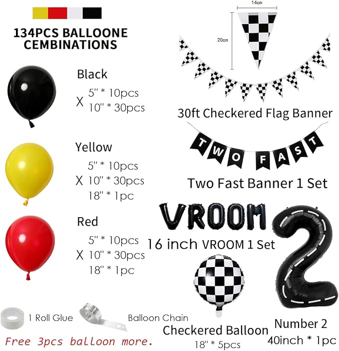 134pcs Race Car Balloon Birthday Party Supplies Decorations for Boys - Racing car Theme Party Supplies Happy Birthday Racecar Number Balloons Garland Kit Birthday Party (Arch, 2(TWO FAST))