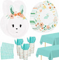 KEPATO Easter Bunny Party Supplies for 16 Guests, 113 Pcs Disposable Tableware Set with Plates, Napkins, Cups, Forks and Spoons for Easter Bunny Birthday Party Decorations