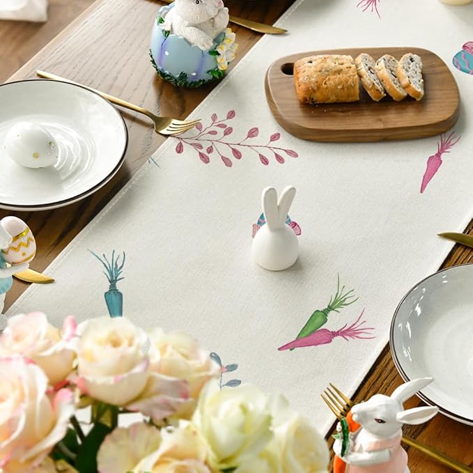 Artoid Mode Green Blue Pink Rabbit Bunny Happy Easter Table Runner, Seasonal Holiday Kitchen Dining Table Decoration for Home Party Decor 13 x 60 Inch
