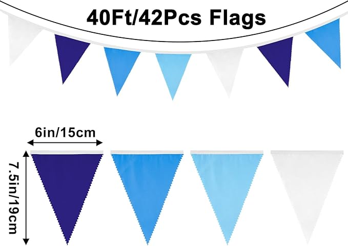 GCQQ 12M/40Ft Royal Blue Pennant Banner Flags 42Pcs Blue Party Decoration Garland Cotton Triangle Flags Banners for Baby Shower Nautical Pirate Under The Sea Festival Decoration Pennant Banners