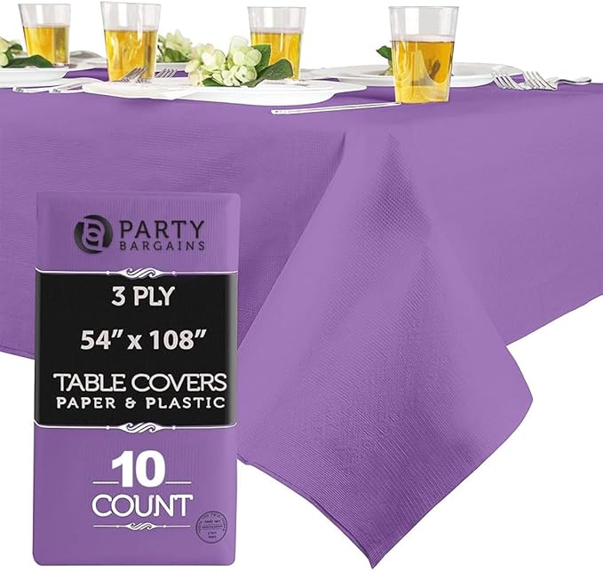 PARTY BARGAINS Disposable Table Covers, 54 x 108 Inch, Purple, 3-Ply Paper & Plastic Spill-Resistant Party Tablecloths, 10 Pack