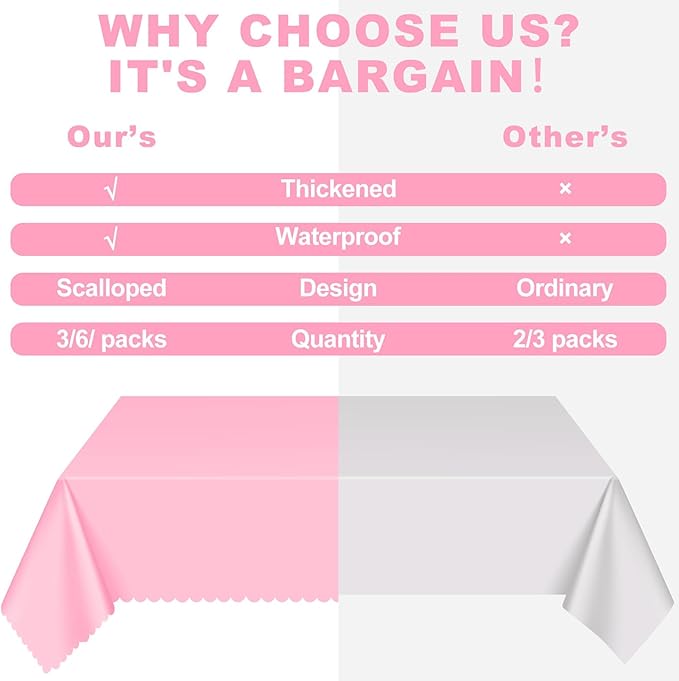 3 Pack Plastic Pink Tablecloth, 54 X 108Inch Party Table Cloth Scalloped Mother's Day Tablecloths for Rectangle Tables Disposable Table Cover for Birthday Baby Shower Tea Party Wedding Bridal Picnic
