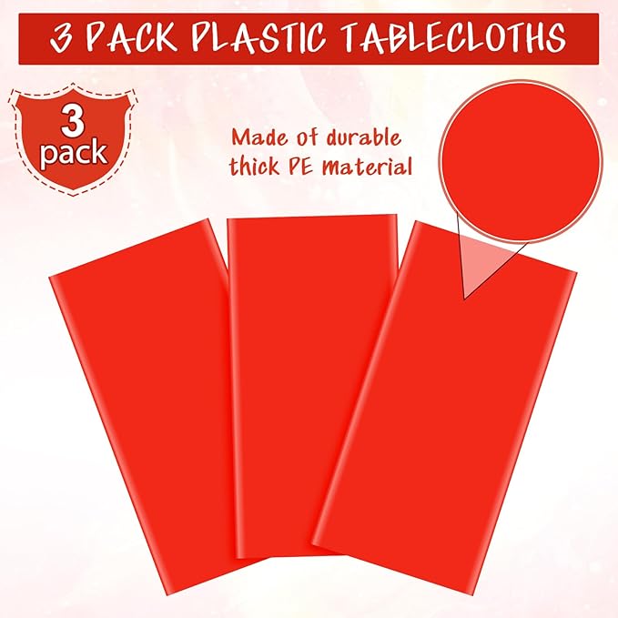 3Pcs Red Rectangle Tablecloths,Disposable Plastic Tablecloth,Waterproof Red Table Cover for Graduation Birthdays Weddings Anniversary Party Decorations,54 x 108 Inch