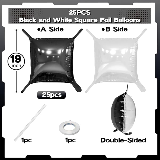 Black and White Square Foil Balloons Wall, 25PCS Double Sided Pearl White and Metallic Black Checkered Square Balloon Backdrop Wall Party Decorations for Racing Car Disco Birthdays New Year Background