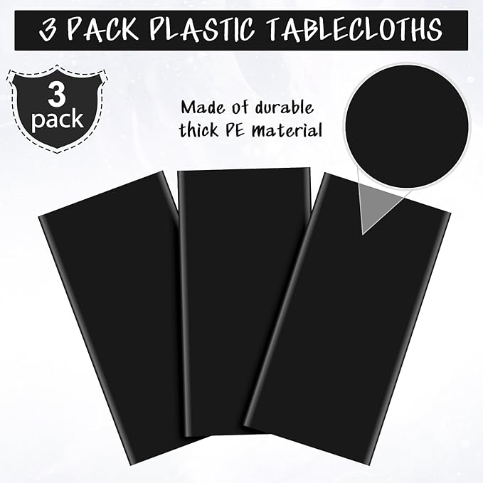 3Pcs Black Rectangle Tablecloth,Disposable Plastic Table Cloth,Waterproof Black Table Cover for Graduation Birthdays Weddings Anniversary Party Decorations,54 x 108 Inch