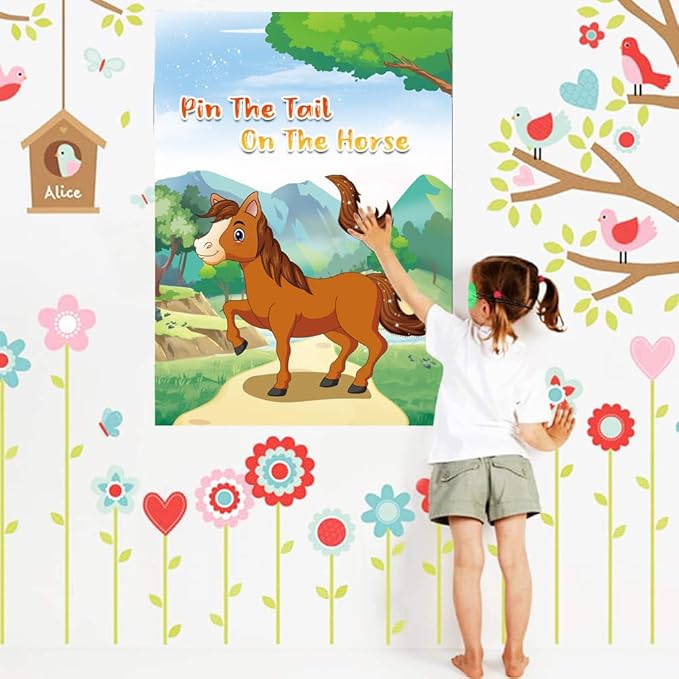 Pin The Tail on The Horse Game -Horse Party Games for Kids with 21'' x 28'' Poster, Resuable Tails Stickers Party Supplies for Kids Birthday Party Favor Sets