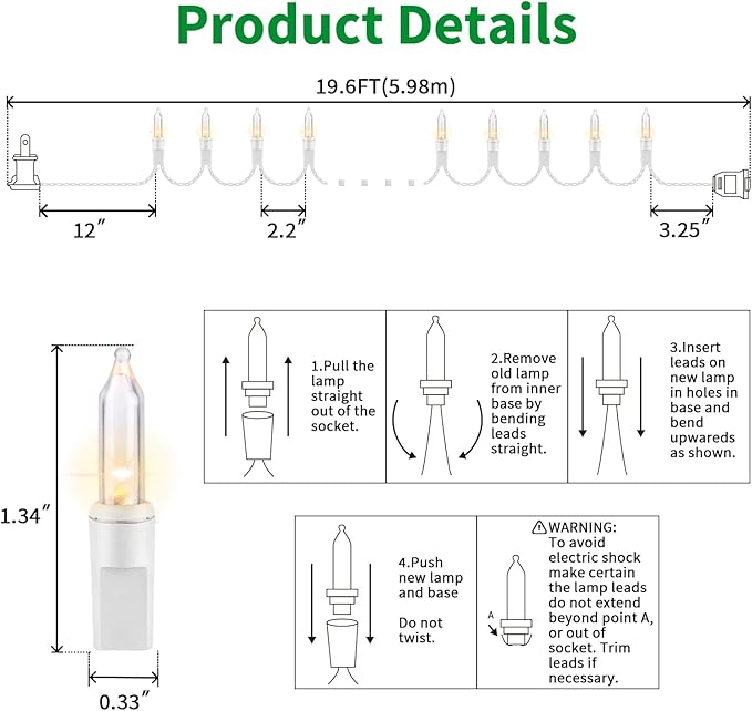 LAMPHOME 100 Count Clear Christmas String Lights, 19.6ft White Wire Fairy Lights, UL Certified Waterproof Indoor & Outdoor String Lights for Xmas Tree, Patio, Wedding, Mother's Day Decor