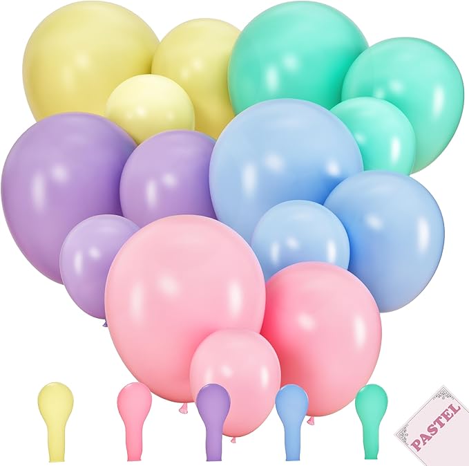 100 Pastel Balloons Assorted Colors & Size – Rainbow Birthday Party Decorations – Macaron Balloons in Blue, Purple, Yellow, Green & Pink – Matte Colored Supplies for Spring, Candy, Easter, & Unicorn