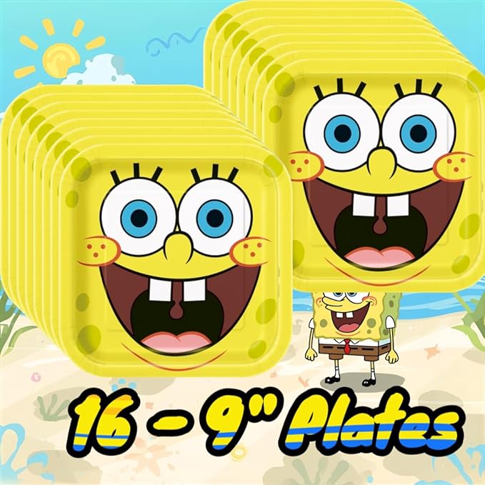 SpongeBob SquarePants Party Supplies Set, Square Plates in 9" and 7" sizes, Napkins, Tablecover with Confetti, Blue Yellow Theme, Serves 16 Guests at your Spongebob Birthday Party