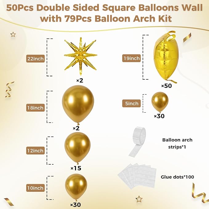 50pcs Metallic Gold Square Foil Balloons Wall Backdrop with 79pcs Metallic Gold Balloon Garland Arch Kit, Double Sided Balloon Tunnel for Anniversary Graduation Birthday New Year Decorations