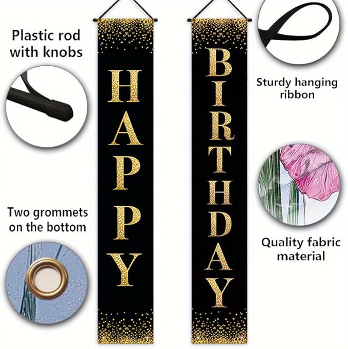 12x71 inch black gold glitter birthday porch banner indoor and outdoor hanging decoration for birthday parties, weddings, graduation ceremonies, terraces, courtyards, and home decor made of polyester fabric, reusable and easy to install