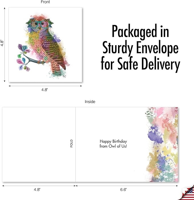 The Best Card Company - 1 Happy Birthday Card with Envelope - Adorable Colorful Animals, Fun Whimsical Notecard - Funky Rainbow Wildlife - Owl from Us CQ4948BBDG-US