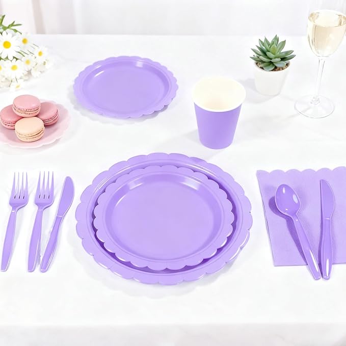 176 PCS Purple Party Decorations - Light Purple Scalloped Plates, Napkins, Cups, Cutlery, Tablecloth for Baby Shower, Wedding, Lavender Birthday Decorations, Serves 25