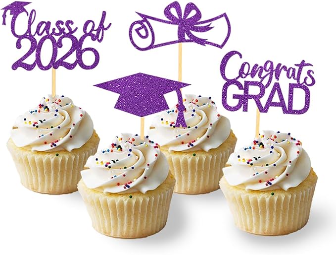 2026 Graduation Theme Cupcake Toppers Glitter Class of 2025 Graduation Cap Diploma Cupcake Picks - Set of 24 (Purple2)