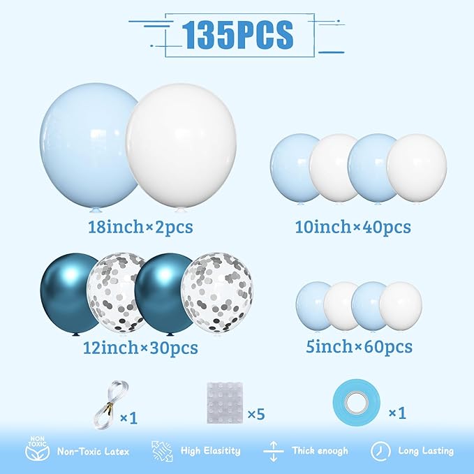Blue Balloon Arch Kit Garland, Baby Blue Balloons White Silver Confetti Balloons for Boy Baby Shower Decorations Birthday Gender Reveal Bridal Shower Wedding Graduation Ocean Party Decorations