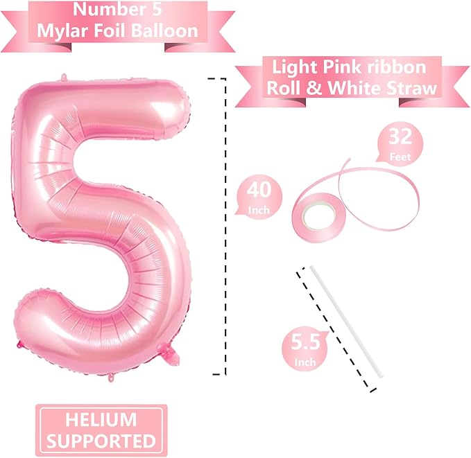 Number Balloons Pink Party Balloon - Giant Number 5 Balloon, 40 Inch Large Balloon, Birthday Decorations for Women, Birthday Balloon for Anniversary Baby Shower Princess Party Decorations