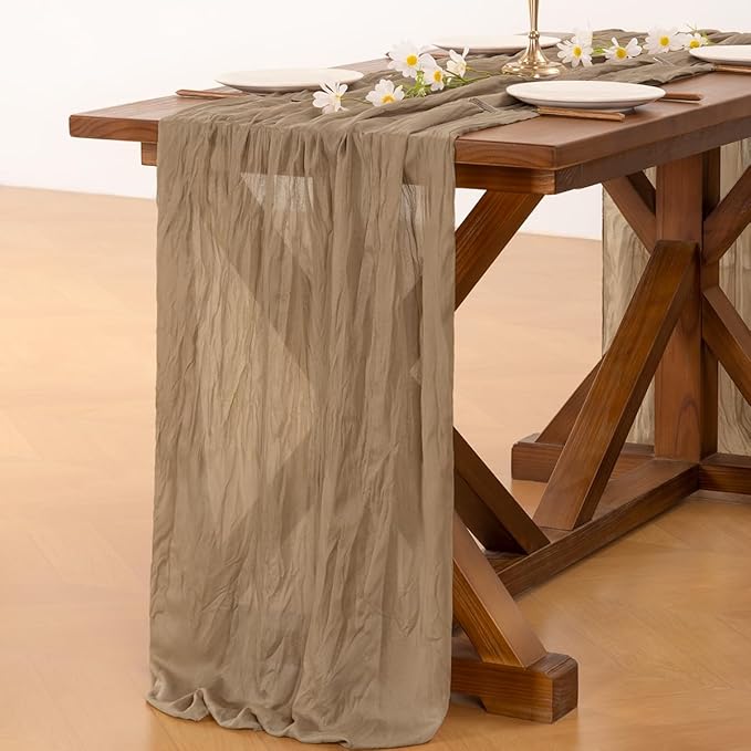Socomi 3pcs Nude Brown Cheesecloth Table Runner Easter Spring Boho Rustic Gauze 120 inch 10FT Cheese Cloth Runner for Wedding Party Baby Shower Birthday Home Decor Holiday Decorations