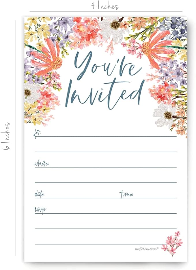 m&h invites Wildflower Invitations With Envelopes (20 Count) - Floral Boho Garden Theme For Bridal Shower, 1st Birthday, Adult Birthday, Brunch or Baby Shower