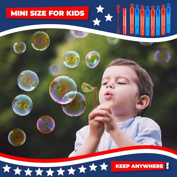32Pcs 4th of July Mini Bubble Wands Patriotic Red White Blue Bubbles for Kids, Independence Day Party Favors Patriotic Decorations