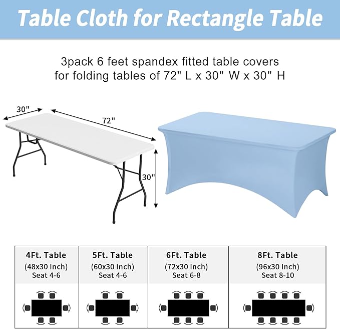Fixwal 3 Pack Light Blue Table Cloths Rectangle 6FT, Tablecloths Rectangular Stretch Spandex Fitted Table Covers 6ft for Parties, Trade Shows, Banquet, Weddings, Buffet, Graduation