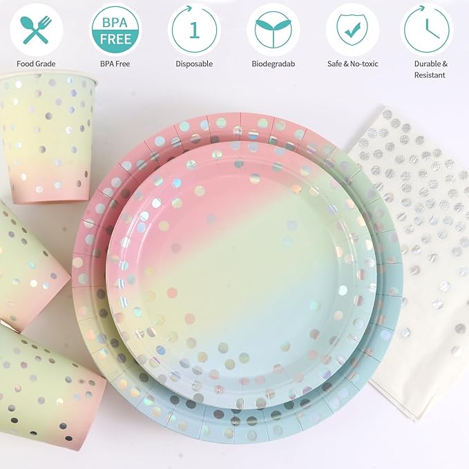 200Pcs Disposable Party Dinnerware Set, Paper Tableware Set, Disposable Party Supplies Happy Birthday Paper Plates, Napkins, Cups, Plastic Forks Knives Spoons Straws Favor for 25 Guests