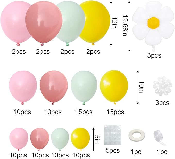 Daisy Balloon Garland Arch Kit,Retro Yellow Pink Green Hippie Boho Balloons Garland Daisy Flower Balloons For Birthday Baby Shower Bridal Wedding Groovy Daisy Party Decorations