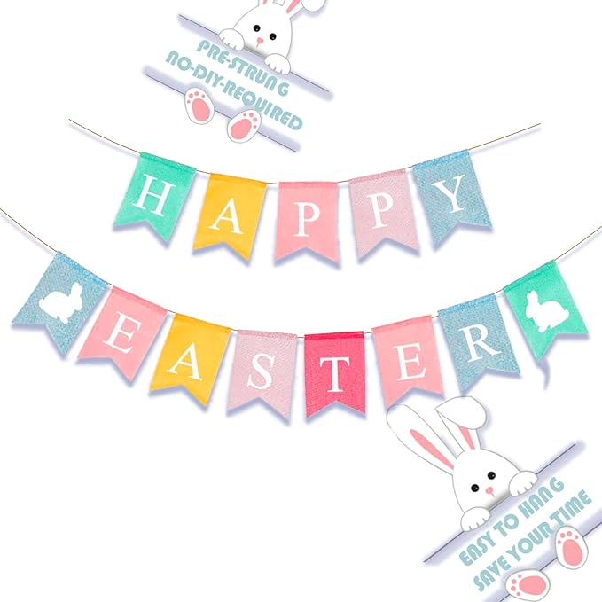 Happy Easter Banner Easter Chicken Egg Felt Happy Easter Bunny Banner Felt Easter Banner Garland for Easter Decorations, Spring Themed Party Favors Supplies, Happy Easter Day for Mantle Fireplace(2pc)