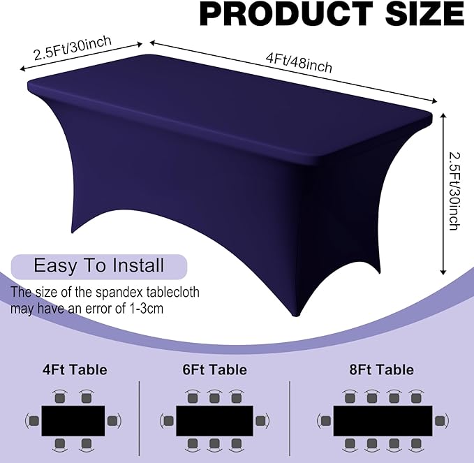 Trlyc 2 Pack 4FT Spandex Table Cloth - 48 x 30 Inch Rectangular Stretch Tablecloth, Wrinkle Resistant Scretch Table Cover for Wedding, Party, Banquet, Picnic, Outdoor Decoration (2Pcs,Navy Blue)