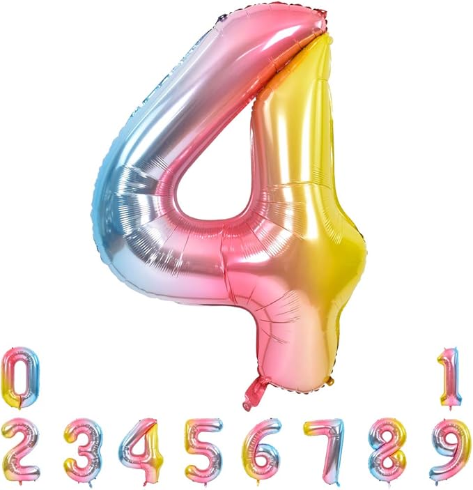 TONIFUL 40 Inch Rainbow Large Numbers Balloons 0-9, Number 4 Digital 4 Helium Balloons, Foil Mylar Big Number Balloons for Birthday Party Anniversary Supplies Decorations