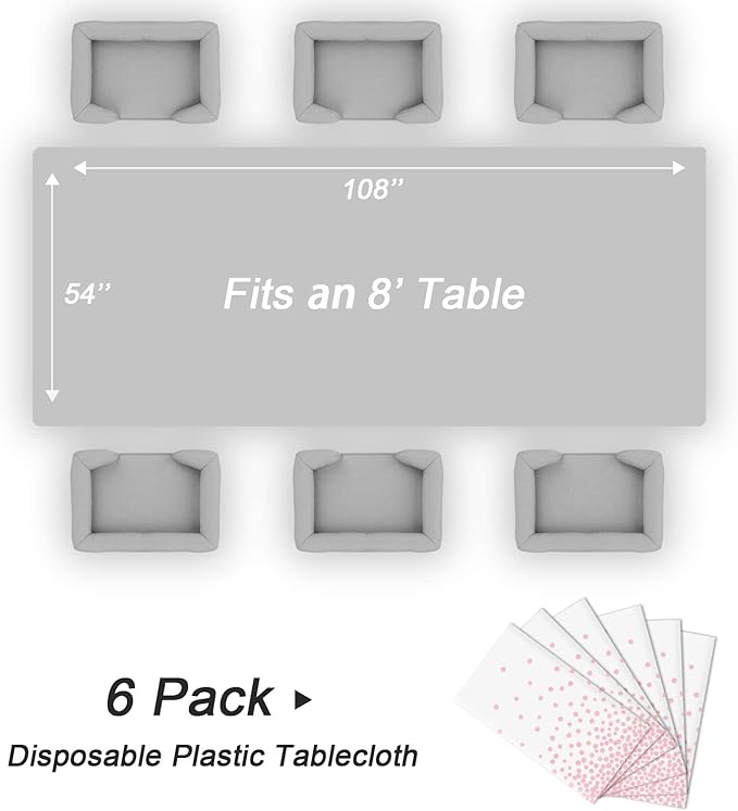 QIKSION 6 Pack White and Pink Dot Plastic Tablecloth, Waterproof Disposable Party Table Cloths for Baby Shower, Wedding, Anniversary, Birthday Party(54 × 108 Inch)
