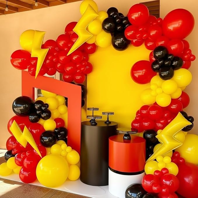 Red Black Yellow Balloons Garland Arch Kit - 143Pcs Lightning Cartoon Birthday Party Balloons Lightning Printed Balloon for Cartoon Theme Birthday Baby Shower Party Backdrop Decorations