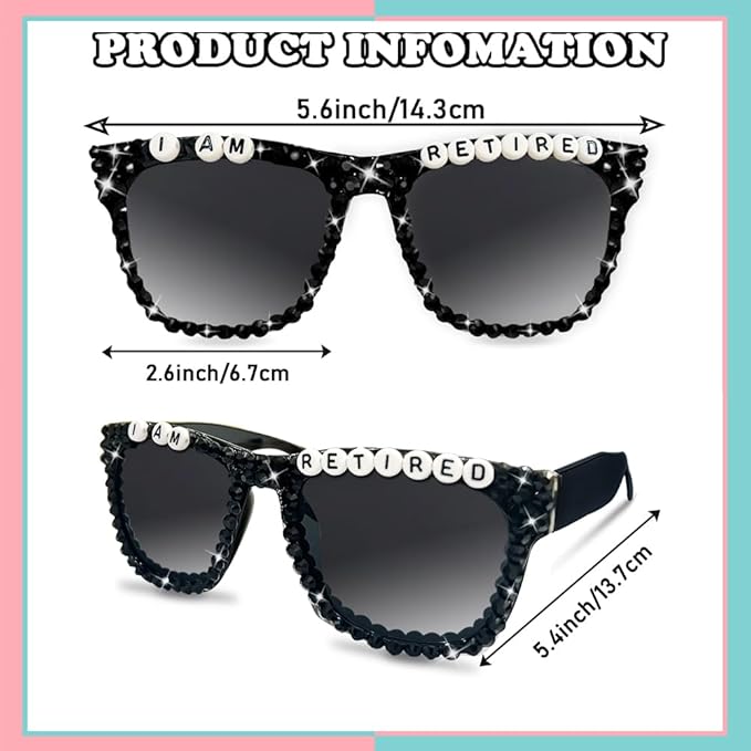 Retirement Party Decorations Retirement Sunglasses Retirement Gifts for Men Black Rhinestone Sunglasses for Men Retirement Decorations