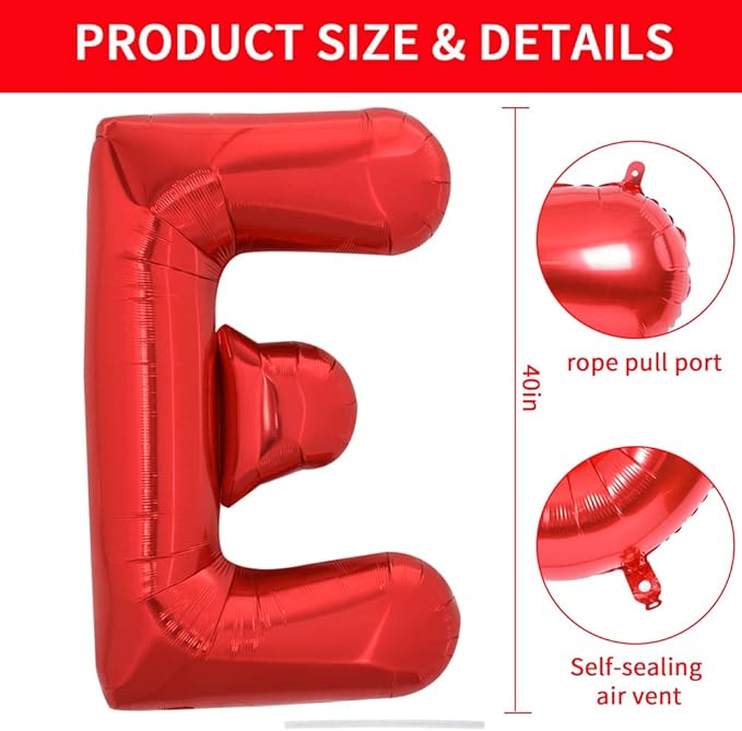 TONIFUL 40 Inch Large Bright Red Letter Balloons A-Z, Giant Jumbo Helium Foil Mylar Big Letter E Balloons for Birthday Party Anniversary Wedding Decorations