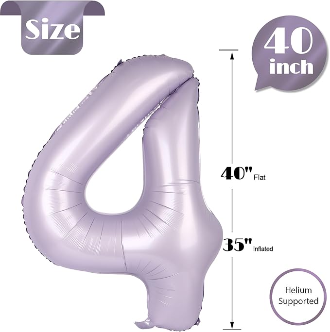 Lilac Number 4 Balloon 40 Inch, Lavender 4 Balloon Number, 4th Birthday Decorations, Lilac Mauve Party Supplies for Boys Girls