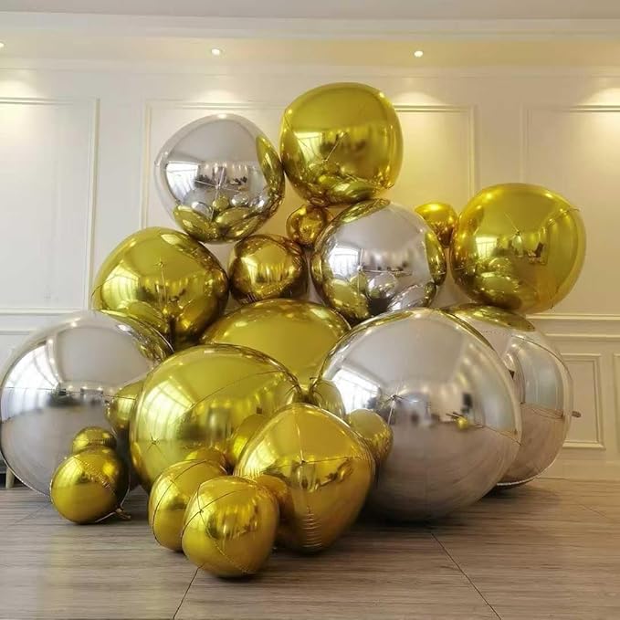 Gold and Silver Round Balloons Foil, 12 Pcs Round Shaped Balloon 4D Different Size 22" 18" 15" 10", Metallic Gold Silver Balloons for Prom Graduation Baby Shower Birthday New Years Party Decorations