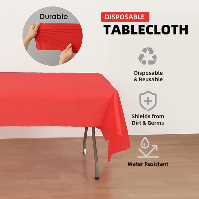 Craft And Party 12-Pack Red Plastic Tablecloths – 54 x 108 Inch Disposable Table Covers for Rectangle Tables, Heavy Duty & Waterproof for Parties, Events, Banquets, Red