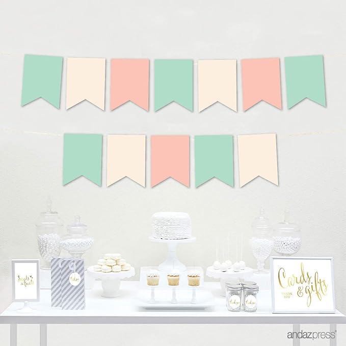 Andaz Press Hanging Pennant Banner with String, Mint Green, Ivory, Peach, 1-Set, 24 Pennants, Approx. 12-Feet Long, Girl's 1st Birthday Baptism Communion Theme Colored Supplies