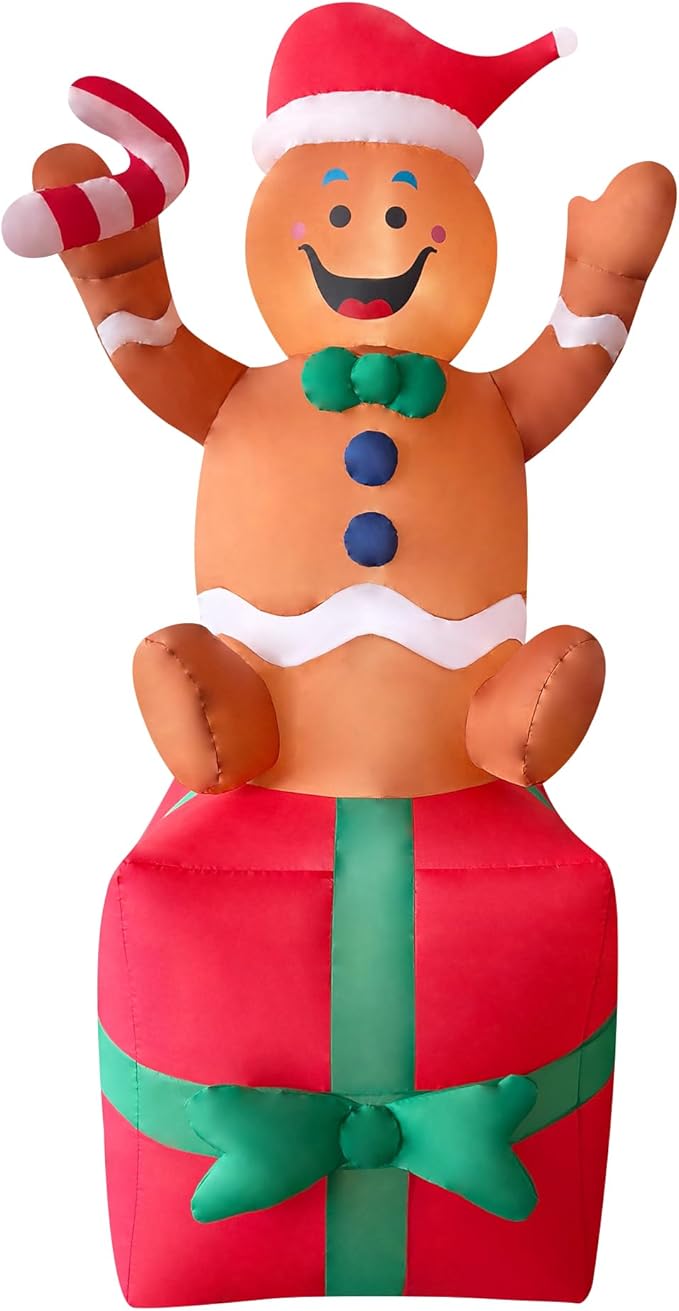 2 Packs 6FT Inflatable Christmas Santa Claus on Gift Box and Gingerbread Man Blow Up Decor for Christmas Outdoor/Doorway/Lawn Decor/Yard Party Decoration