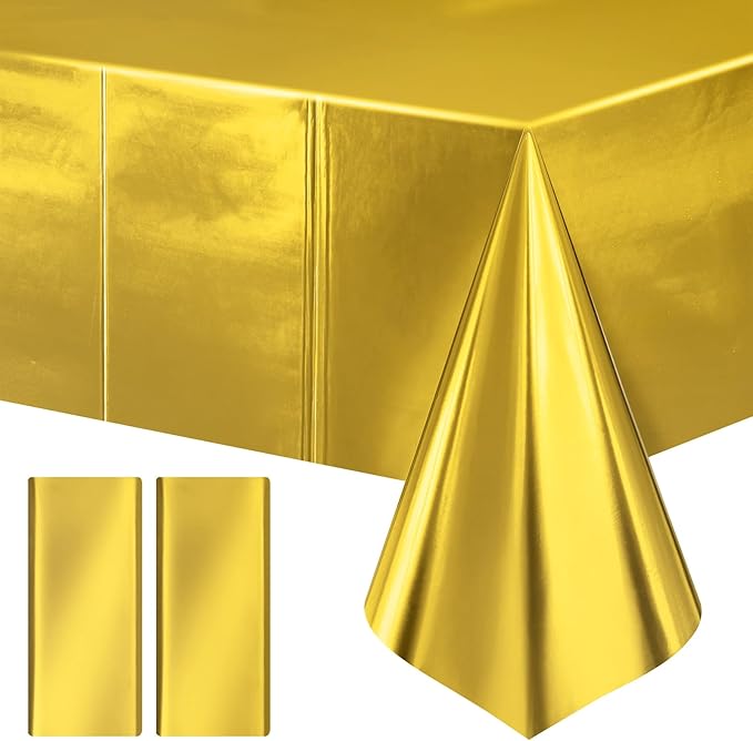 2 Pieces Bright Gold Metallic Foil Tablecloth - Stunning Matte Finish, Durable and Easy to Clean - Perfect for Bachelorette, Birthday, Wedding, and Anniversary Party Decorations