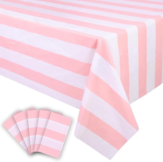 Kesfey 5 Pack Pink and White Vertical Striped Tablecloth - 54 x 108 Inch Waterproof Pink Striped Picnic Table Cover for Birthday Party