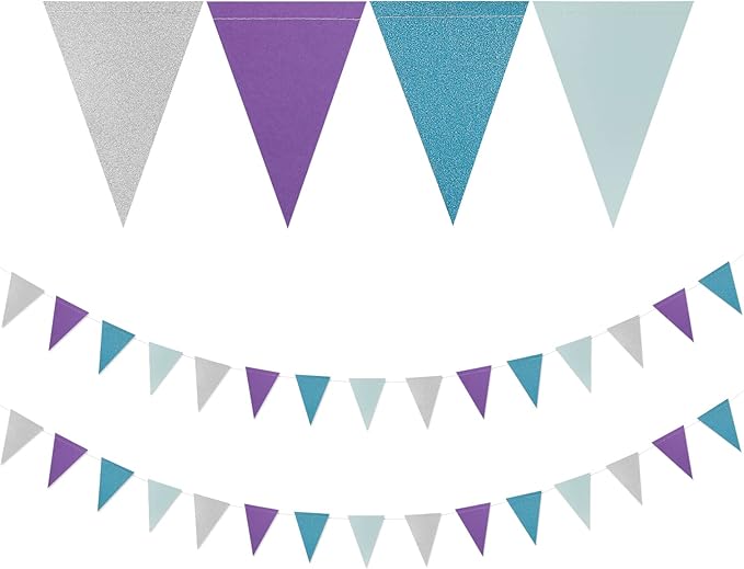 Purple-Blue Silver Frozen-Christmas Party-Decorations Banner,2 Pack Winter Girl Birthday New Year Paper Triangle Pennant Flags Streamers,Wonderland Mermaid Baby Shower Supplies Decor Lasting Surprise