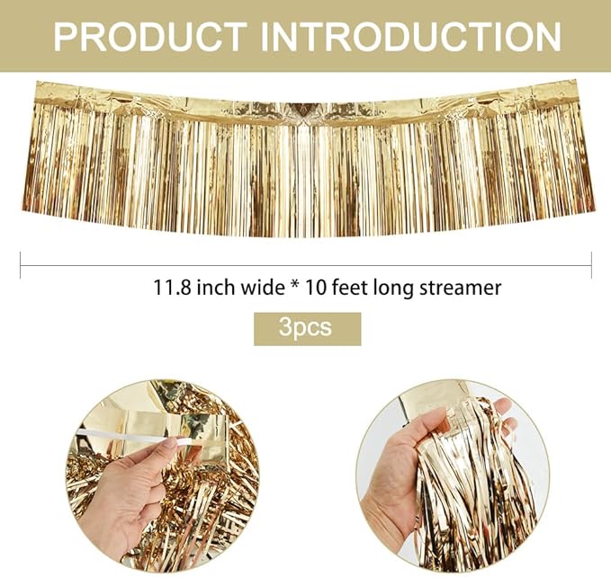 BEISHIDA 3 Packs Metallic Foil Fringe Garland Champagne Wall Hanging Tinsel Fringe Banners for Car Floats Halloween Bridal Shower Wedding Birthday Easter Graduation Holiday Party Decoration(30Ft)