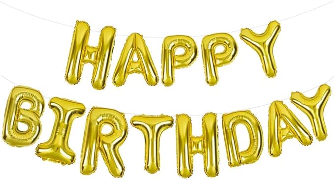 TONIFUL 3D Gold Happy Birthday Balloons Banner with Ribbon Straw, 16 Inch Mylar Foil Letters Birthday Sign Banner Balloon Bunting Reusable for Girls Boys Kids & Adults Birthday Halloween Supplies