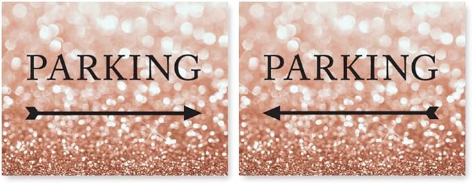 Andaz Press Wedding Party Directional Signs, Glitzy Rose Gold Glitter, 8.5x11-inch, Double-Sided, Parking with Big Arrow, 1-Pack, Bokeh Colored Party Supplies