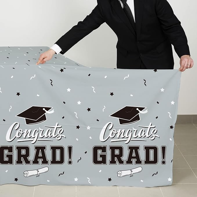 Gatherfun Graduation Party Decorations, Gongrats Grad Tablecover for Graduation Party Supplies, 3 pcs Silver Table Cloths, 54"x108"