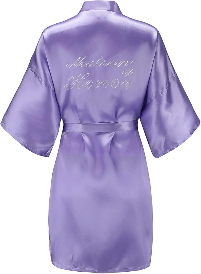 EPLAZA Women's One Size Silver Rhinestones Bride Bridesmaid Short Satin Robes for Wedding Party Getting Ready