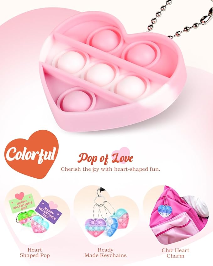 32 Pack Prefilled Valentines Day Pop Fidget & Cards Set for Kids Classroom - Mini Heart-Shaped Toys, for School Class Exchange & Party Favors