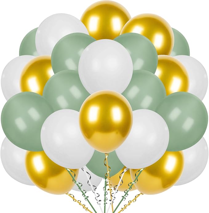 300 Pcs Sage Green White Gold 12 Inch Bulk Latex Balloons, for Birthday Baby Shower Gender Reveal Wedding Party Decoration